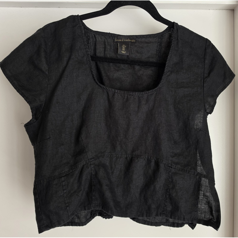 House of Harlow 1960 Linen Blouse L Black Square Neck Short Sleeve Top Shirt
